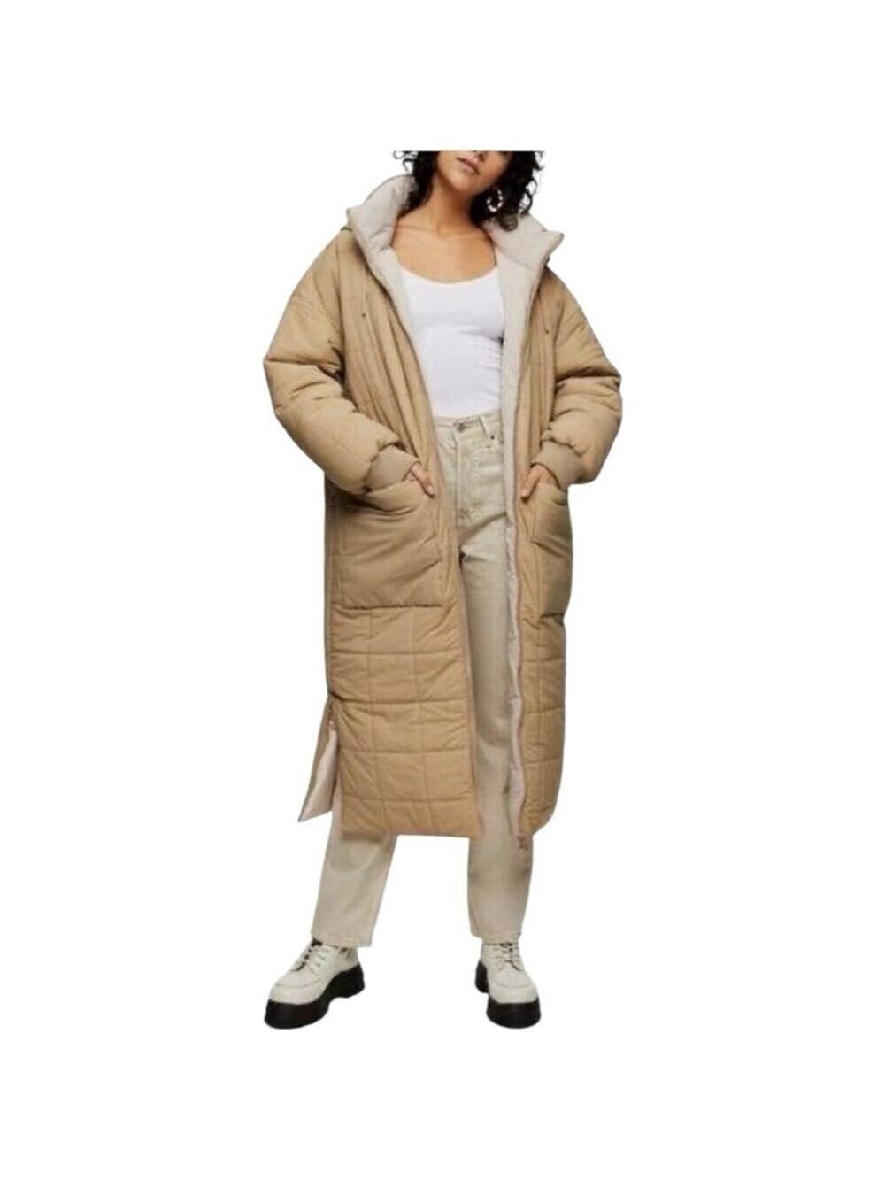 TOPSHOP Women’s Reversible Long Puffer Winter Coat with Hood In Cream US 12